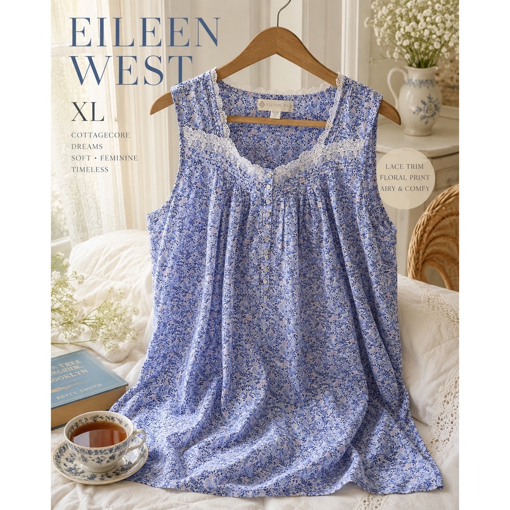 Eileen West XL Blue Floral Lace Trim Nightgown Cottagecore Prairie Tank Dress